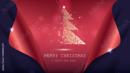 Christmas and New Year with gold polygon tree shimmer on fabric background vector illustration