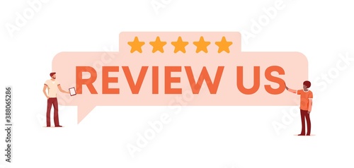 Review us poster. Feedback from customers for rating satisfaction with services of company and business with good assessment work constant support and opinion of online vector community.