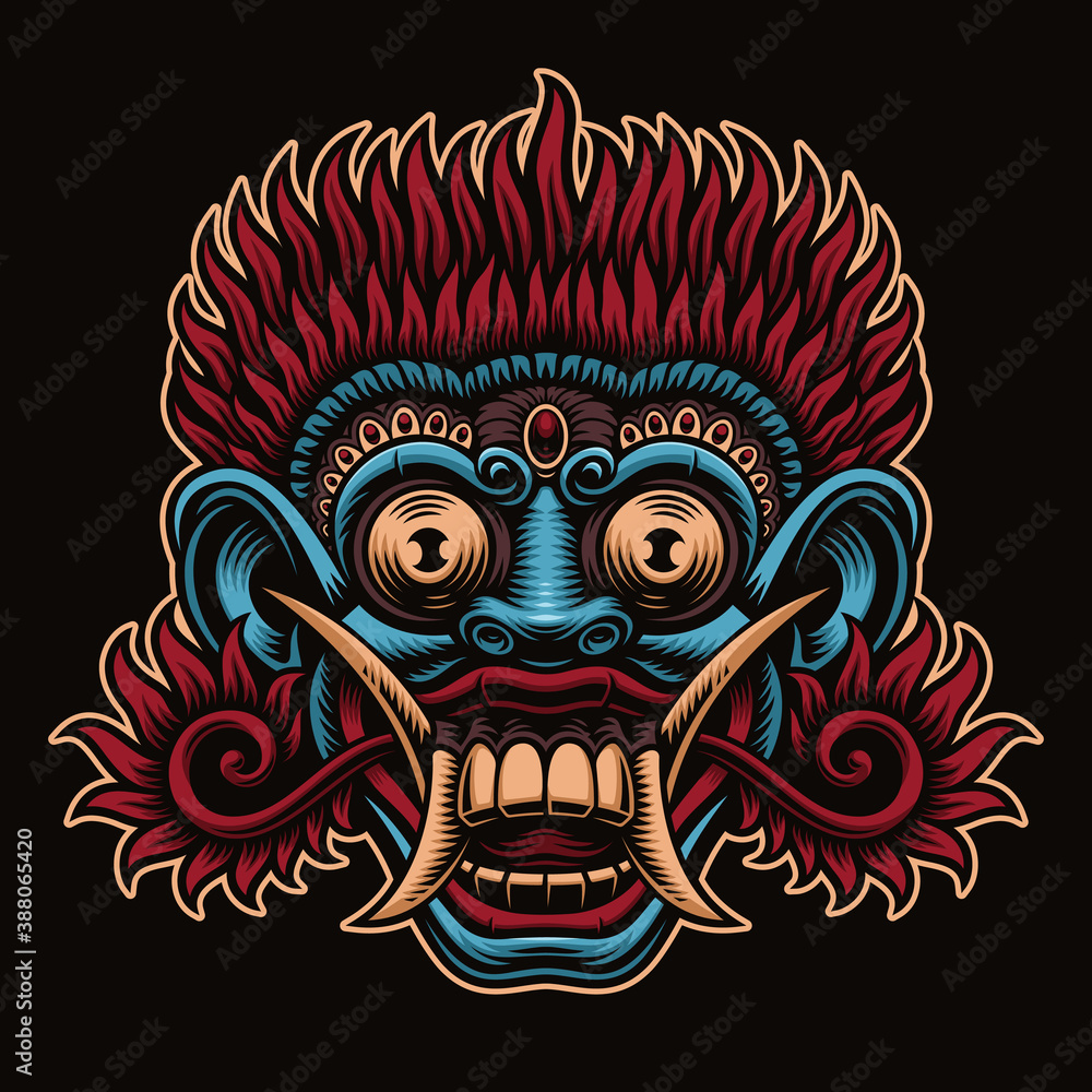 A vector illustration of traditional Indonesian Mask Barong isolated on dark background. This illustration can be used as a shirt print as well as for other uses.