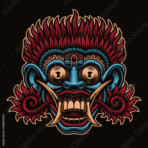 A vector illustration of traditional Indonesian Mask Barong isolated on dark background. This illustration can be used as a shirt print as well as for other uses.