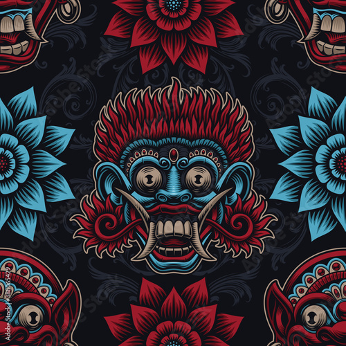 Seamless background for Asian theme with traditional Indonesian barong masks and beautiful flowers. photo