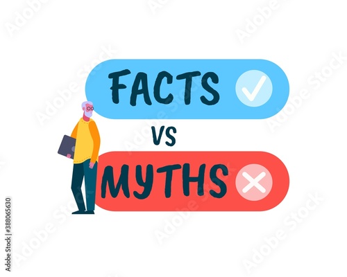 Fact vc Myth poster. Battle of realism and fantasy honest evidence against invented deception and falsehood struggle opposites forgotten values mythical cliches truth against fictional vector lies.