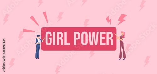 Girl power poster. Feminism symbol with red symbol womens struggle for their rights freedom to strong female characters inspiring movement for equality vector genders.