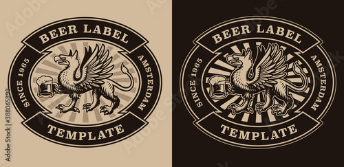 A black and white vintage beer emblem with a griffin is holding a beer mug, this design can be used as a logotype as well as for many other uses.