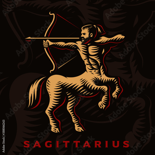 A vector illustration of Sagittarius zodiac sign, isolated on dark background.