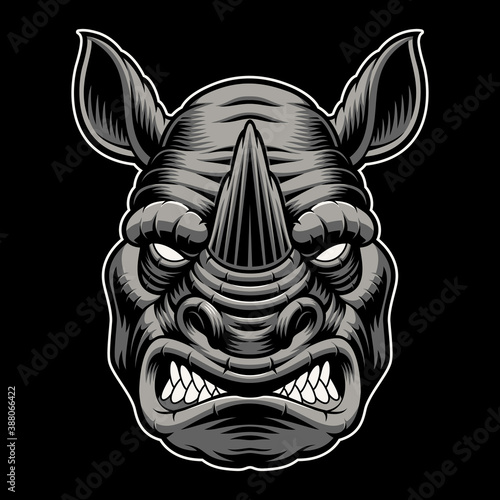 A colorful vector illustration of a rhinoceros head, isolated on dark background.