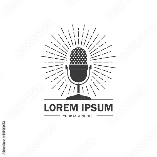 Podcast, radio logo with retro microphone.