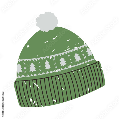 Vector colorful illustration of winter hat with Christmas pattern with Christmas tree isolated on white background