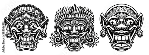 A set of black and white illustrations of traditional Indonesian masks isolated on white background. photo