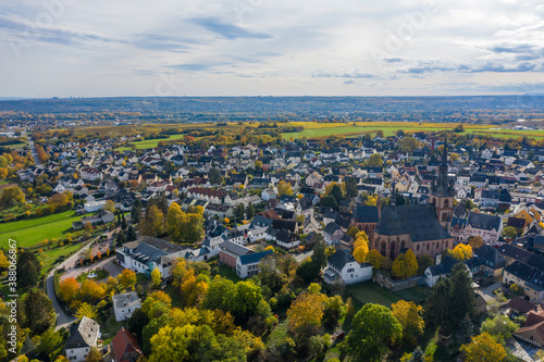 View from above on Kiedrich / Germany and its cathedral in the midst of autumnal colored vineyards in the Rheingau