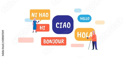 Different language. International red words in French blue English dialect global travel communication with knowledge spoken multilingualism learning friendship in native vector language.