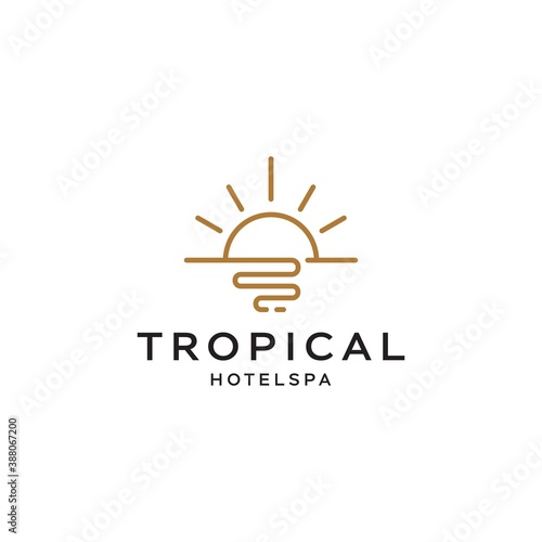gold sun sunset sunrise with beach ocean sea water logo icon vector in trendy line linear, elegant hipster sunny day outline logo vector for hotel 