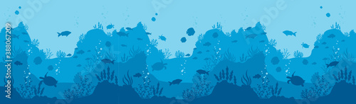 Underwater world background. Horizontal blue depth with silhouettes of fish and sea turtles diving in mariana trench oceanic aquarium with underwater inhabitants exotic world vector diving. photo