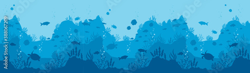 Underwater world background. Horizontal blue depth with silhouettes of fish and sea turtles diving in mariana trench oceanic aquarium with underwater inhabitants exotic world vector diving.