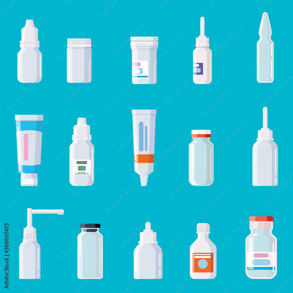 Pharmacy medical set bottles, jars, tubes, sprays droppers with caps Pharmacy medical set bottles, jars, tubes, sprays droppers with caps