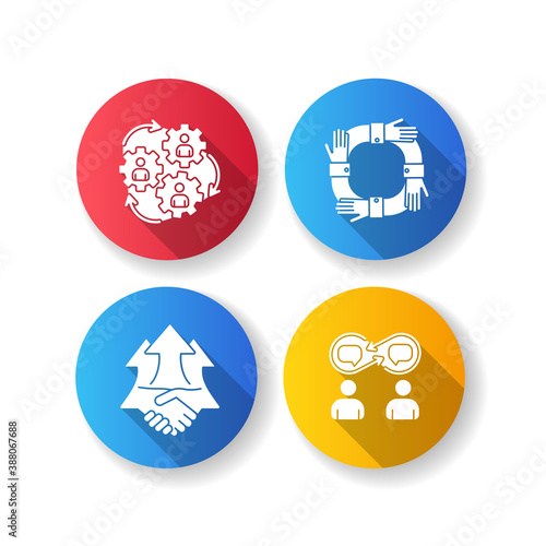 Cooperation flat design long shadow glyph icons set. Human synergy. Partnership for corporate project. Positive effect. Increase from deal. Workforce relation. Silhouette RGB color illustration