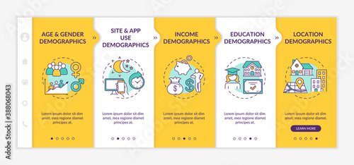 Social network demographic details onboarding vector template. Site and app use, income demographics. Responsive mobile website with icons. Webpage walkthrough step screens. RGB color concept