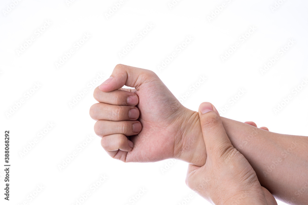 Man hand holding his wrist isolated white background. Medical, healthcare for advertising concept. Man hand holding his wrist isolated white background. Medical, healthcare for advertising concept.