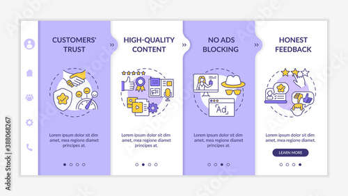 Influencer marketing advantages onboarding vector template. Customers trust. No ads blocking. Responsive mobile website with icons. Webpage walkthrough step screens. RGB color concept