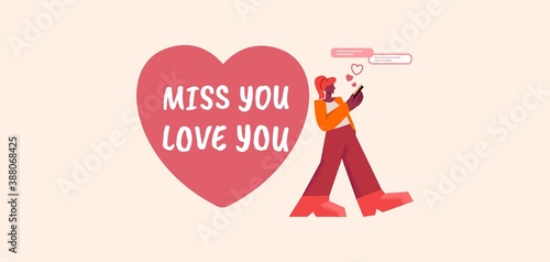 Miss you love you poster. Romantic message in shape red heart and character with smartphone beautiful and sad confession with invitation festive banner with wish for speedy vector arrival.