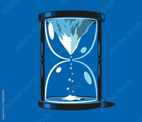 Snow capped mountain inside an hourglass dropping snow