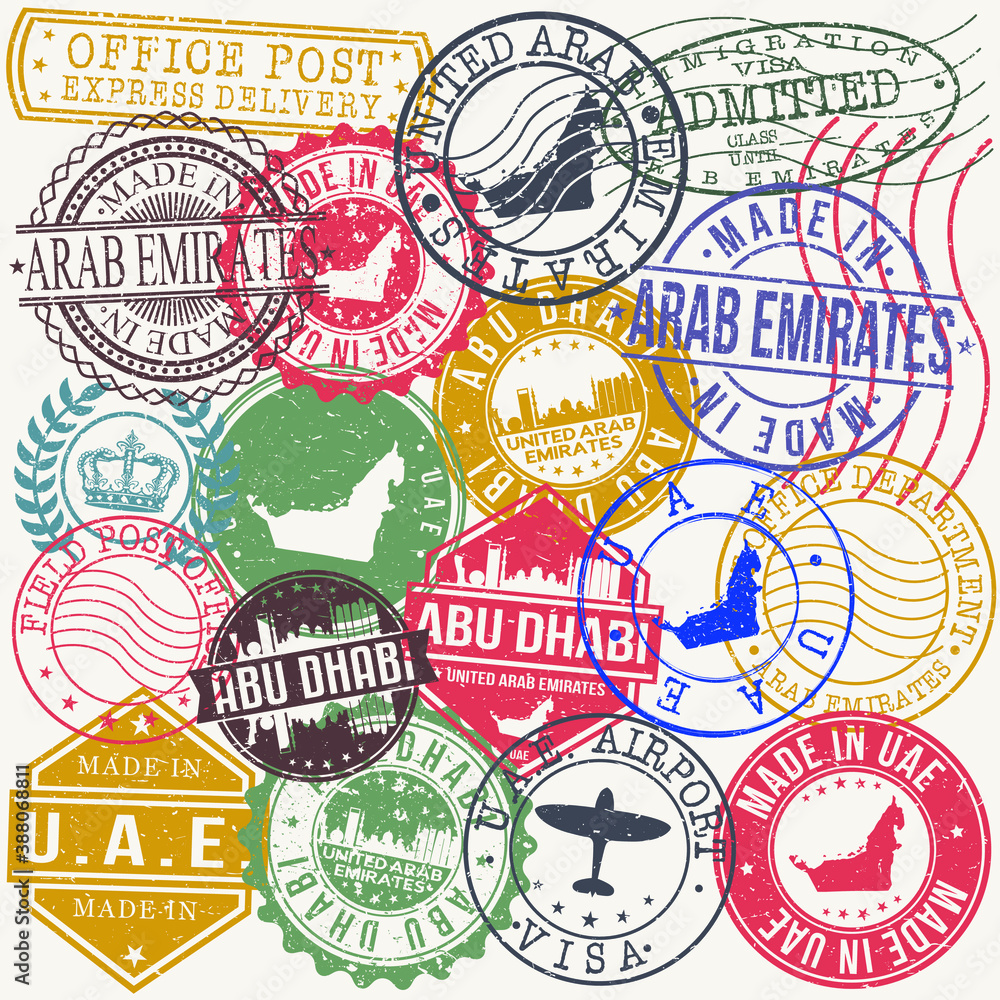 Abu Dhabi UAE. Set of Stamps. Travel Stamp. Made In Product. Design Seals Old Style Insignia.