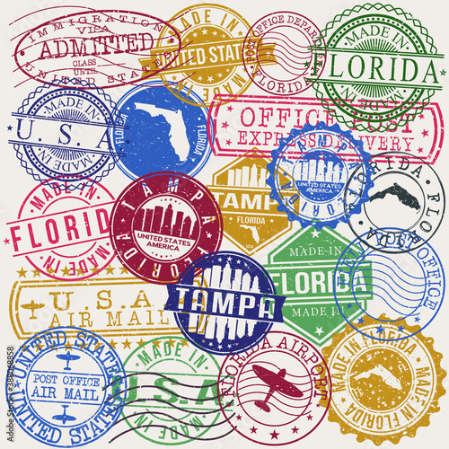 Tampa Florida. Set of Stamps. Travel Stamp. Made In Product. Design Seals Old Style Insignia.