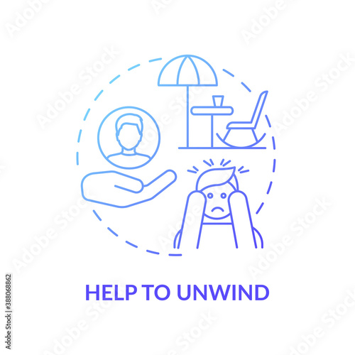 Help to unwind concept icon. Me time benefits. Refresh yourself tips for everyday. Free your mind and relax body idea thin line illustration. Vector isolated outline RGB color drawing