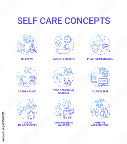 Self care concept icons set. Self care checklist for everyday. Healthy leisure time activities. Body positivity tips idea thin line RGB color illustrations. Vector isolated outline drawings © bsd studio