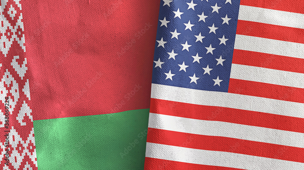Fototapeta premium United States and Belarus two flags textile cloth 3D rendering