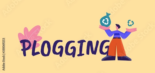 Plogging poster. Active sports with care for environment jogging with garbage collection recycling pollution development and restoration physical health training with vector eco benefits.