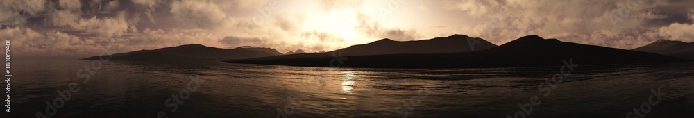 Panorama of the sea coastline at sunset, 3D rendering
