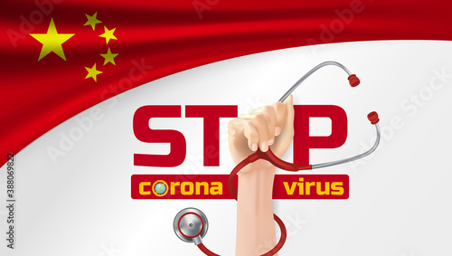 Stop covid-19. Stop corona virus. Protest with raised arm fist to stop Covid's disease. Cheers for doctors fighting COVID-19 disease in china. Covid-19 protection.Hand holding Stethoscope.