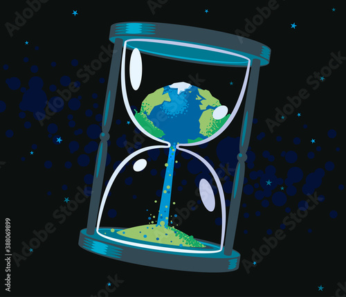 Hourglass floating in space with the earth crumbling into sand floating in space