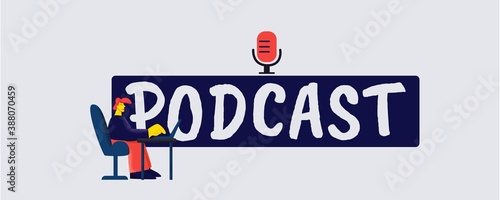 Podcast banner. Recording and broadcasting of music and voice radio broadcasting of media and discussion social political news concert programs on radio with vector events.