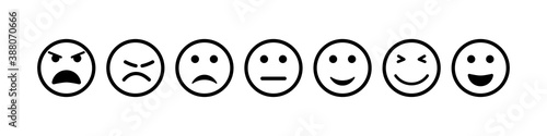 Face icon. Smile and sad emoji. Happy and bad smiley for feedback. Outline emoticon of sentiment, satisfaction. Survey for customers. Unhappy, normal, positive, angry, dislike feeling. Vector