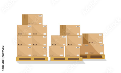 Box on pallet in warehouse. Carton parcel for storage and cargo. Cardboard boxes in front on wooden palettes. Icon of delivery, freight. Shipping crates with goods for distribution, logistic. Vector