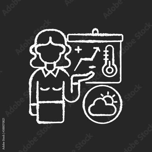 Weather forecasters chalk white icon on black background. Meteorologist. Atmosphere conditions. Barometric pressure. Temperature and precipitation. Isolated vector chalkboard illustration