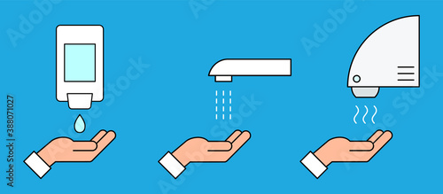 Automated touchless restroom equipment with sensors. Hand washing procedure icon. How to wash hands safely instructions. Soap, scrub, rinse and dry. Blue background. Vector illustration, flat,clip art