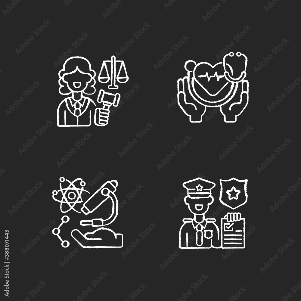 Critical services chalk white icons set on black background. Justice sector. Health care. Research. Law enforcement. Judiciary. Medical social services. Isolated vector chalkboard illustrations