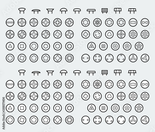 Screw Drive Types and Heads of Screws or Bolts in Outline Style