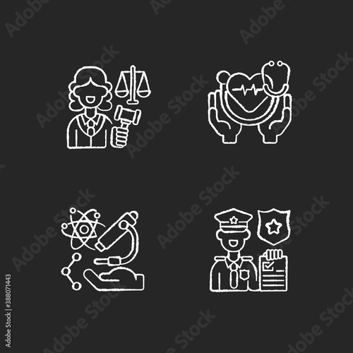 Critical services chalk white icons set on black background. Justice sector. Health care. Research. Law enforcement. Judiciary. Medical social services. Isolated vector chalkboard illustrations