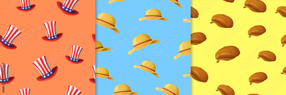 Hats and caps seamless pattern. American top hats with red stripes and white stars yellow sun protection with red stripes and wide brims against blue sky brown retro cap. Hats and caps seamless pattern. American top hats with red stripes and white stars yellow sun protection with red stripes and wide brims against blue sky brown retro cap.
