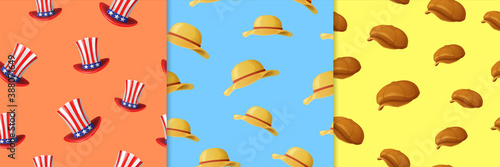 Hats and caps seamless pattern. American top hats with red stripes and white stars yellow sun protection with red stripes and wide brims against blue sky brown retro cap.