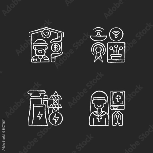 Fundamental services chalk white icons set on black background. Homeless shelter. Telecommunication. Electricity industry. Clergy. Emergency placement. Isolated vector chalkboard illustrations
