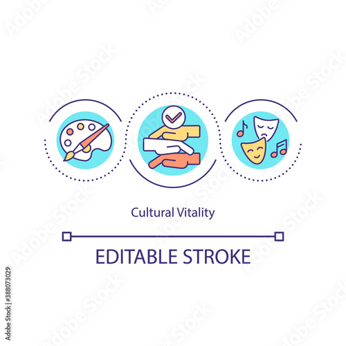 Cultural vitality concept icon. Supporting arts. Cultural activity people. Creating, disseminating, validating idea thin line illustration. Vector isolated outline RGB color drawing.