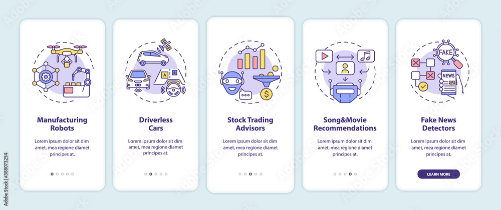AI application 2 onboarding mobile app page screen with concepts. Manufacturing robots and drones walkthrough 5 steps graphic instructions. UI vector template with RGB color illustrations