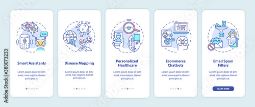 AI application onboarding mobile app page screen with concepts. Smart computer assistants technology walkthrough 5 steps graphic instructions. UI vector template with RGB color illustrations