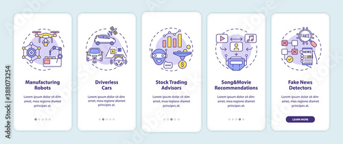 AI application 2 onboarding mobile app page screen with concepts. Manufacturing robots and drones walkthrough 5 steps graphic instructions. UI vector template with RGB color illustrations © bsd studio