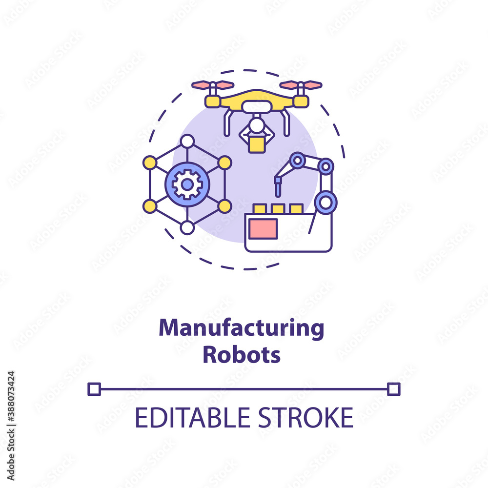 Naklejka premium Manufacturing robots concept icon. Future digital life. Smart computers creation. AI application idea thin line illustration. Vector isolated outline RGB color drawing. Editable stroke